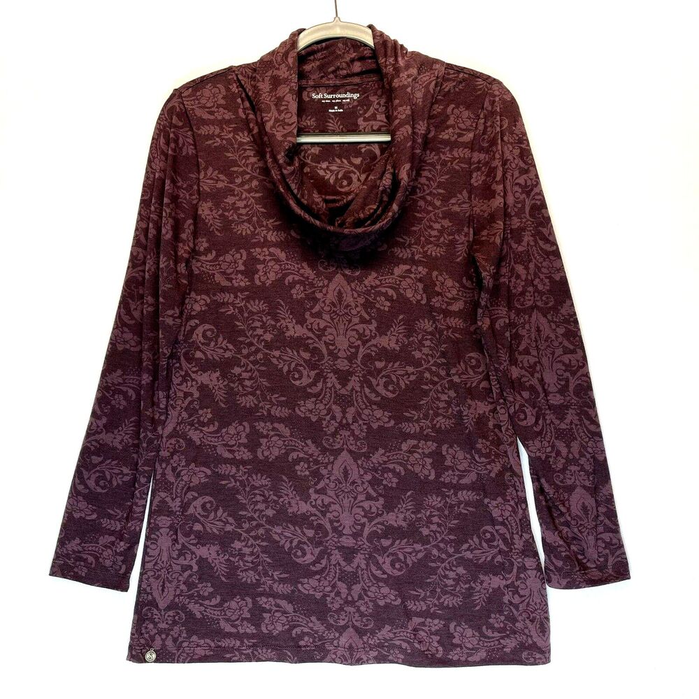 Soft Surroundings Womens Top Size Medium Cowl Neck Floral Print Purple